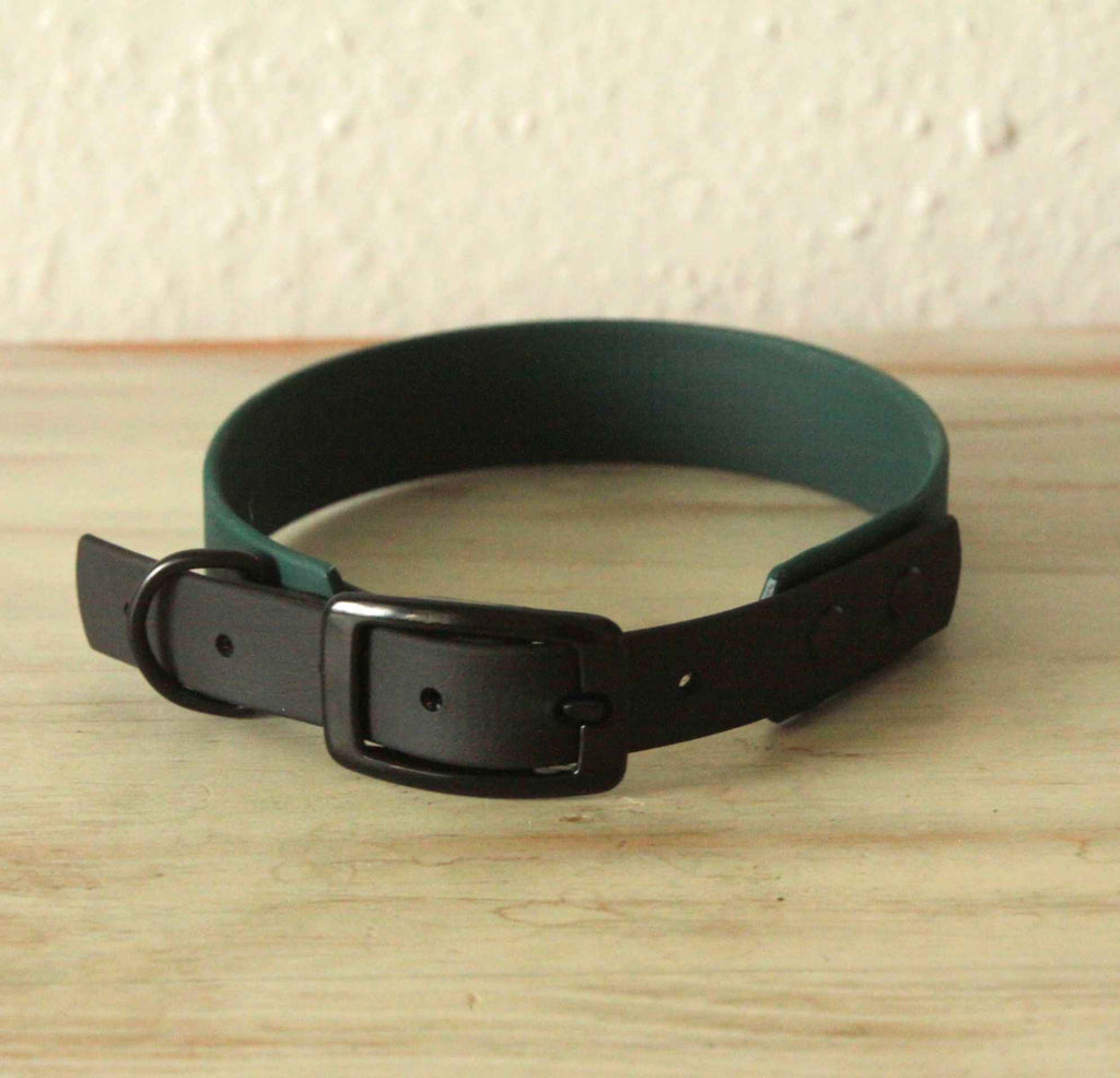 BioThane® Hundehalsband von LURO BERLIN in der Farbe Dunkelgrün Schwarz in Detailaufnahme